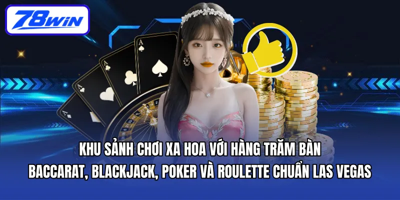 Khu sảnh chơi xa hoa với hàng trăm bàn Baccarat, Blackjack, Poker và Roulette chuẩn Las Vegas